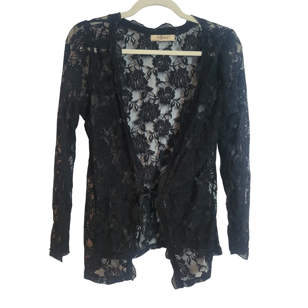 Romy Black Floral Lace Sheer Open Front Tie Cardigan Long Sleeve‎ Med Whimsigoth